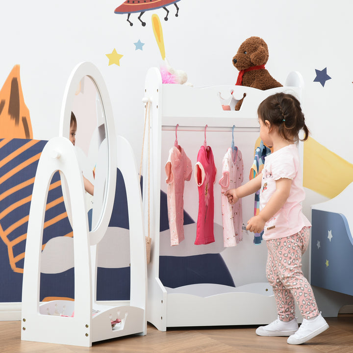 Kids Clothes Rail and Mirror Set 360° Rotation Free Standing Full Length Mirror and Hanging Rack with Storage Shelves Child's Dressing Mirror Garment Wardrobe White