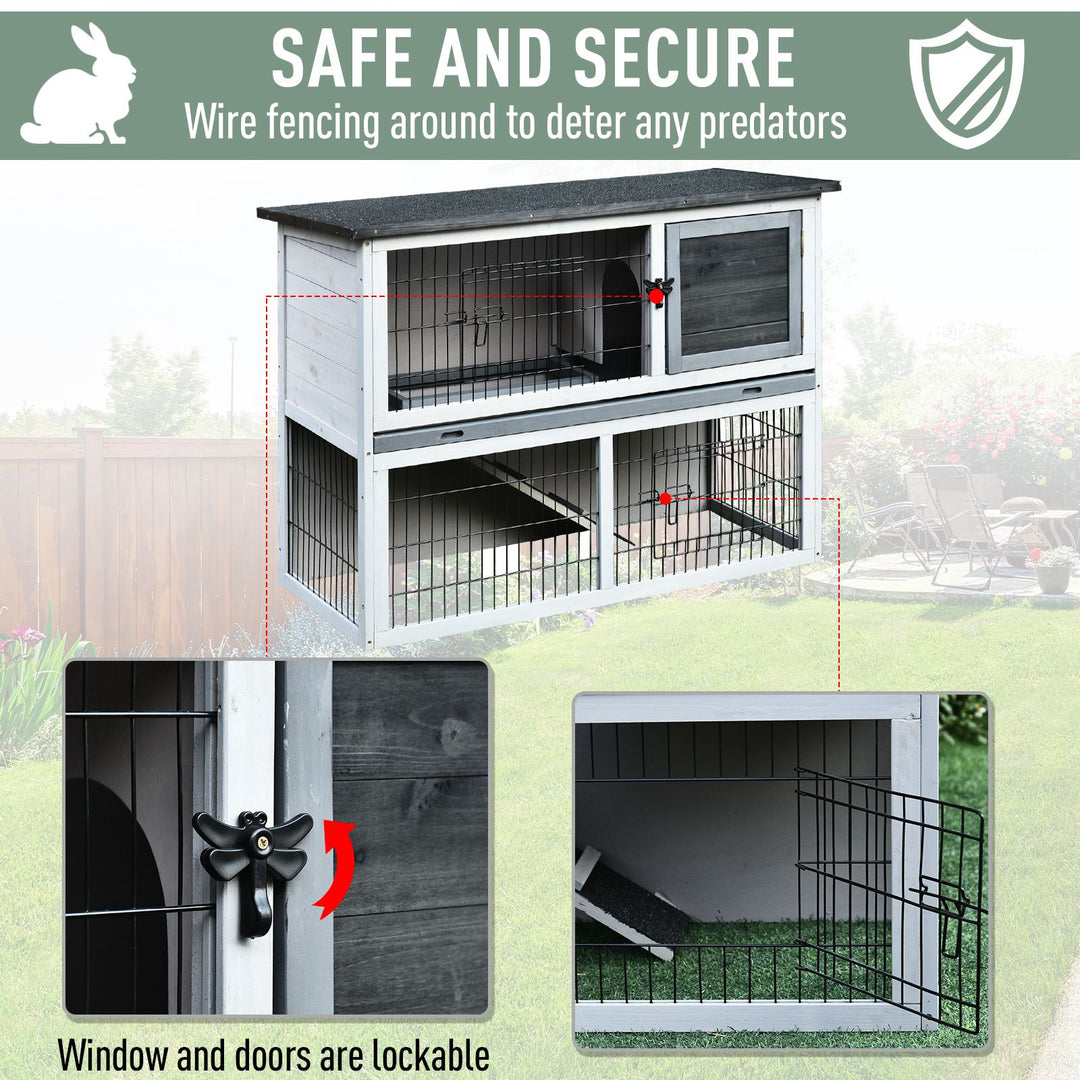 Small Animal Two-Level Fir Wood Guinea Pigs Hutches Bunny Cage w/ Slide Out Tray Grey