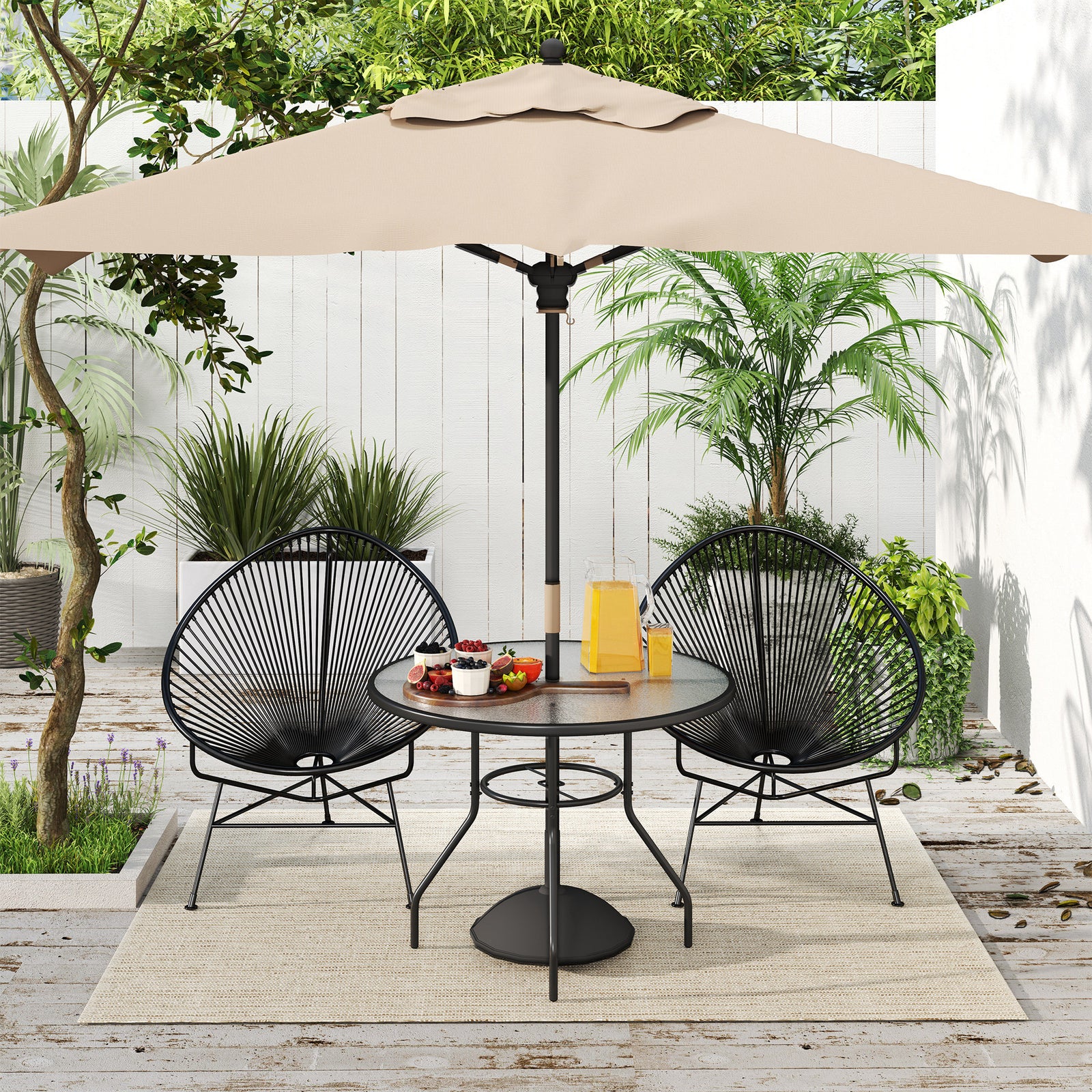 Glass-Top Garden Table, with Parasol Hole - Black