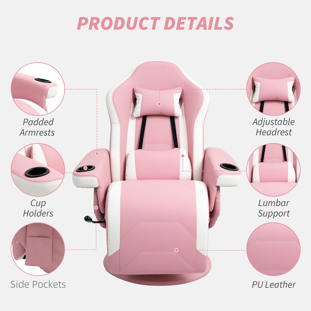 Manual Recliner Armchair PU Leather Lounge Chair w Adjustable Leg Rest, 135° Reclining Function, 360° Swivel, Pink