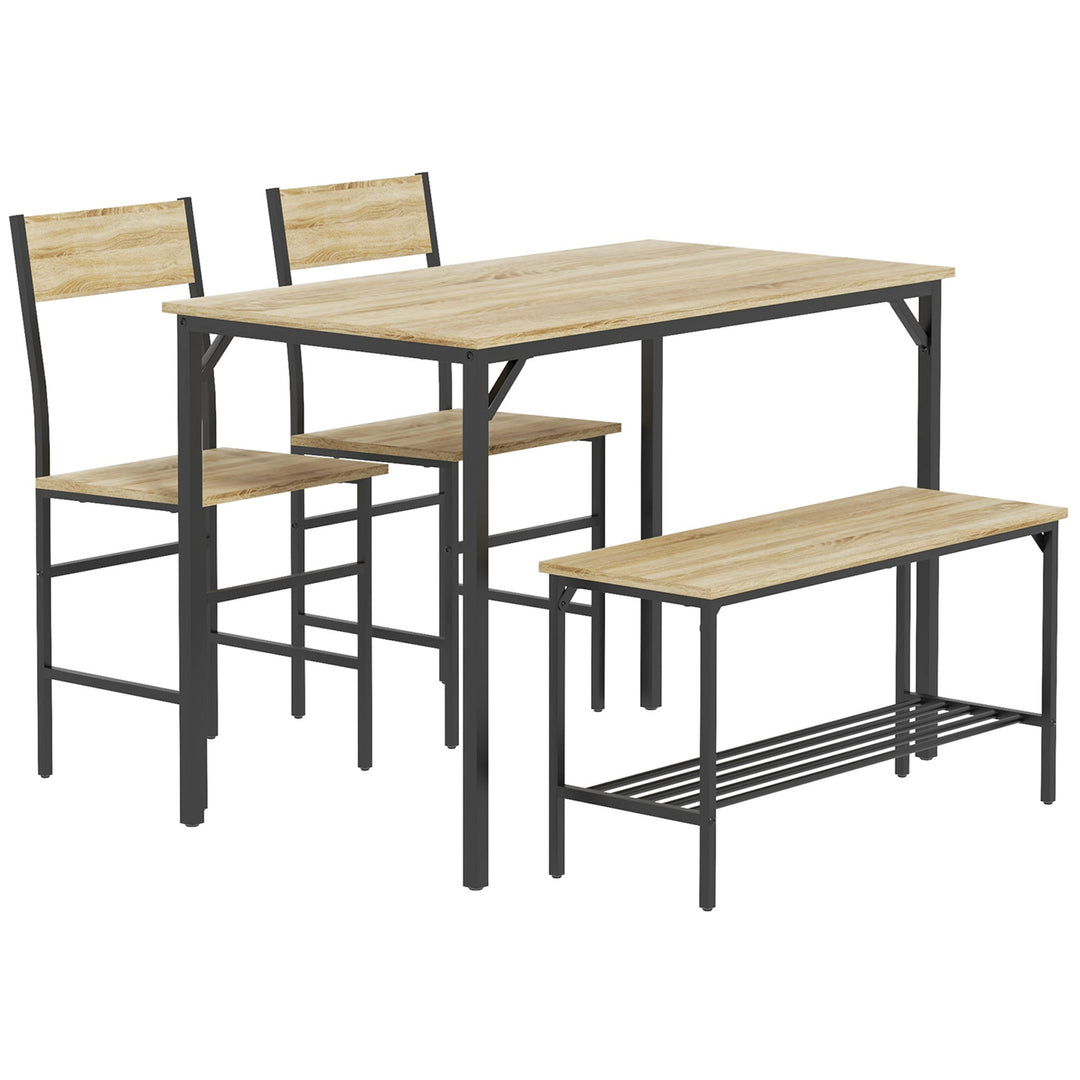 Square Dining Set for 4 Persons, Table, Chairs and Bench Included, Natural Wood Effect