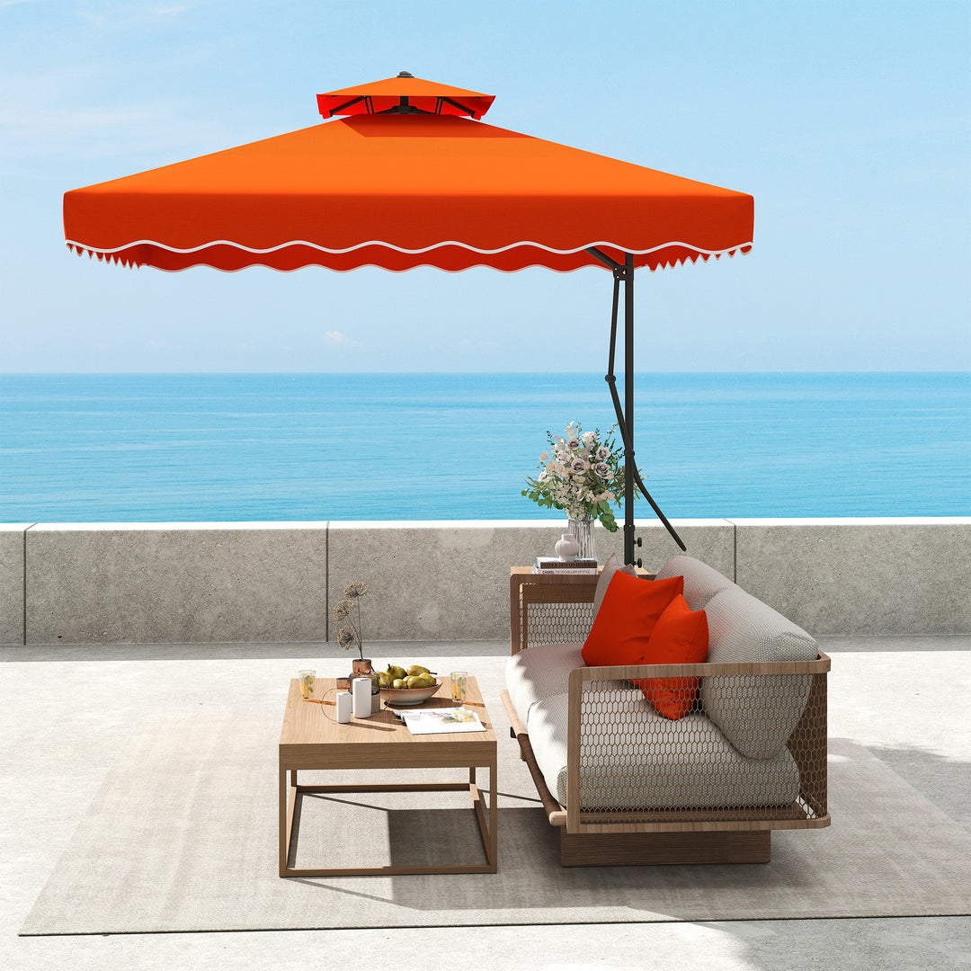 2.5m Cantilever Parasol with Easy Lever, Square Double Top Garden Parasol Umbrella with Ruffles and Cross Base, Overhanging Outdoor Sun Shades, Orange
