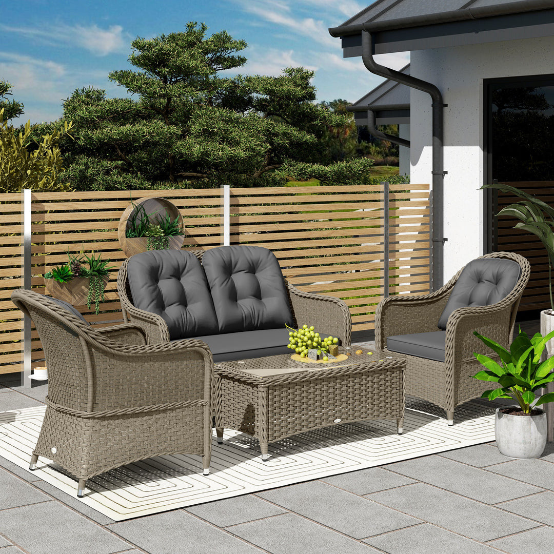 Four-Piece Rattan Sofa Set, with Glass-Top Table - Light Grey