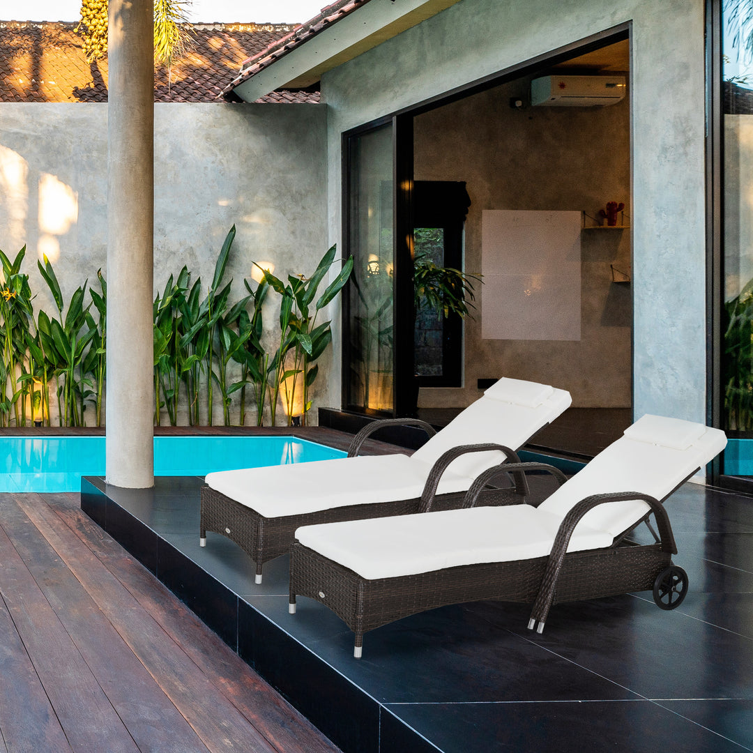 MCL 2PC Rattan Sun Lounger Recliner Bed Reclining Chair Patio Garden Outdoor Wicker Weave Adjustable Headrest with Fire Retardant Cushion – Brown