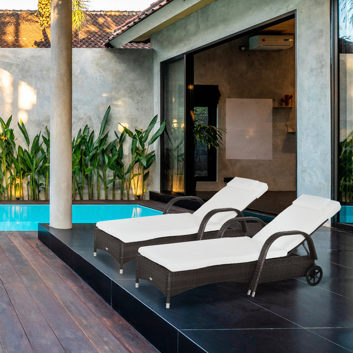 MCL 2PC Rattan Sun Lounger Recliner Bed Reclining Chair Patio Garden Outdoor Wicker Weave Adjustable Headrest with Fire Retardant Cushion – Brown