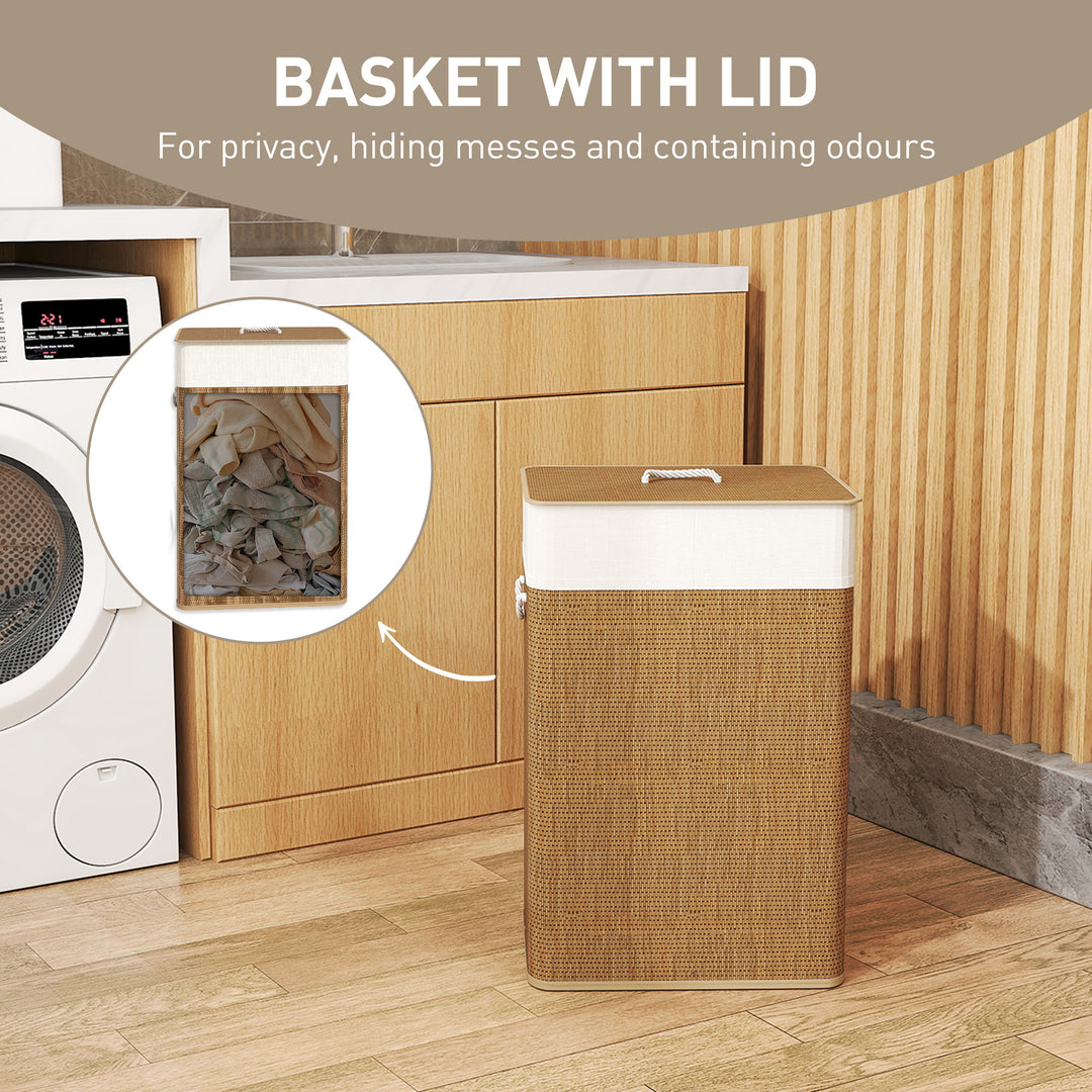 Bamboo Laundry Basket with Lid, 72L Laundry Hamper with Rope Handles, Washing Basket with Removable Washable Liner Bag for Bathroom, Bedroom, Brown