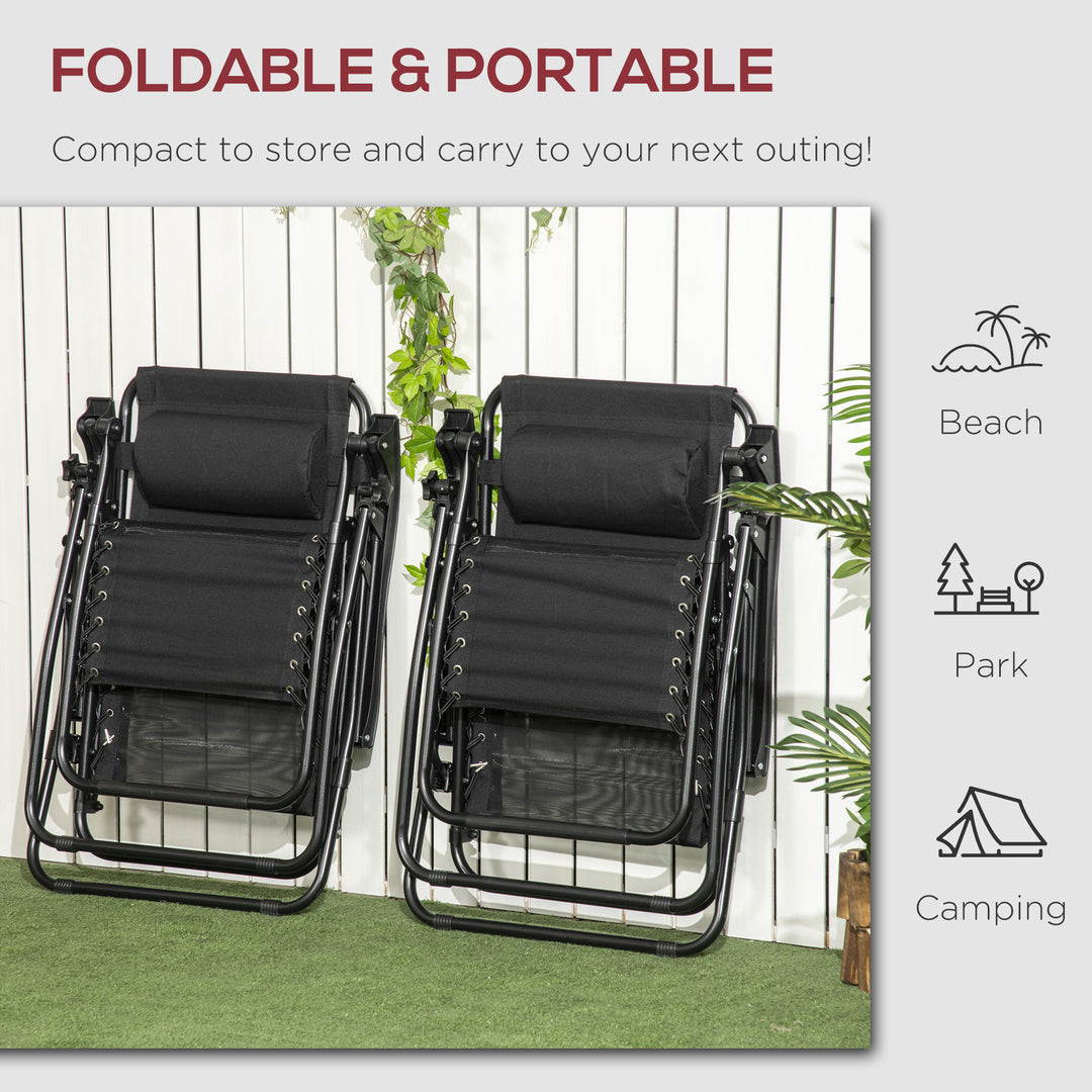 MCL Garden Recliner Chairs Set of 2, Outdoor Foldable Zero Gravity Chairs Set w/ Footstool and Detachable Headrest, Black