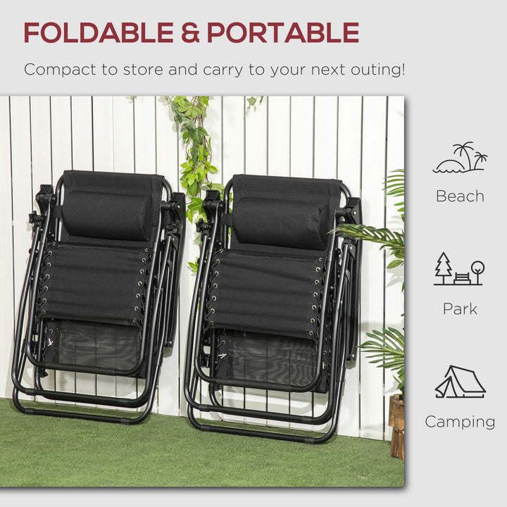 MCL Garden Recliner Chairs Set of 2, Outdoor Foldable Zero Gravity Chairs Set w/ Footstool and Detachable Headrest, Black