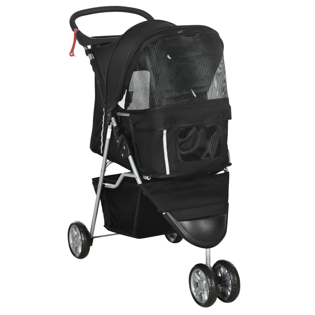Dog Stroller, 3 Wheels Foldable Cat Dog Pram with Cup Holder, Storage Basket, Pet Stroller for Small Miniature Dogs, Black