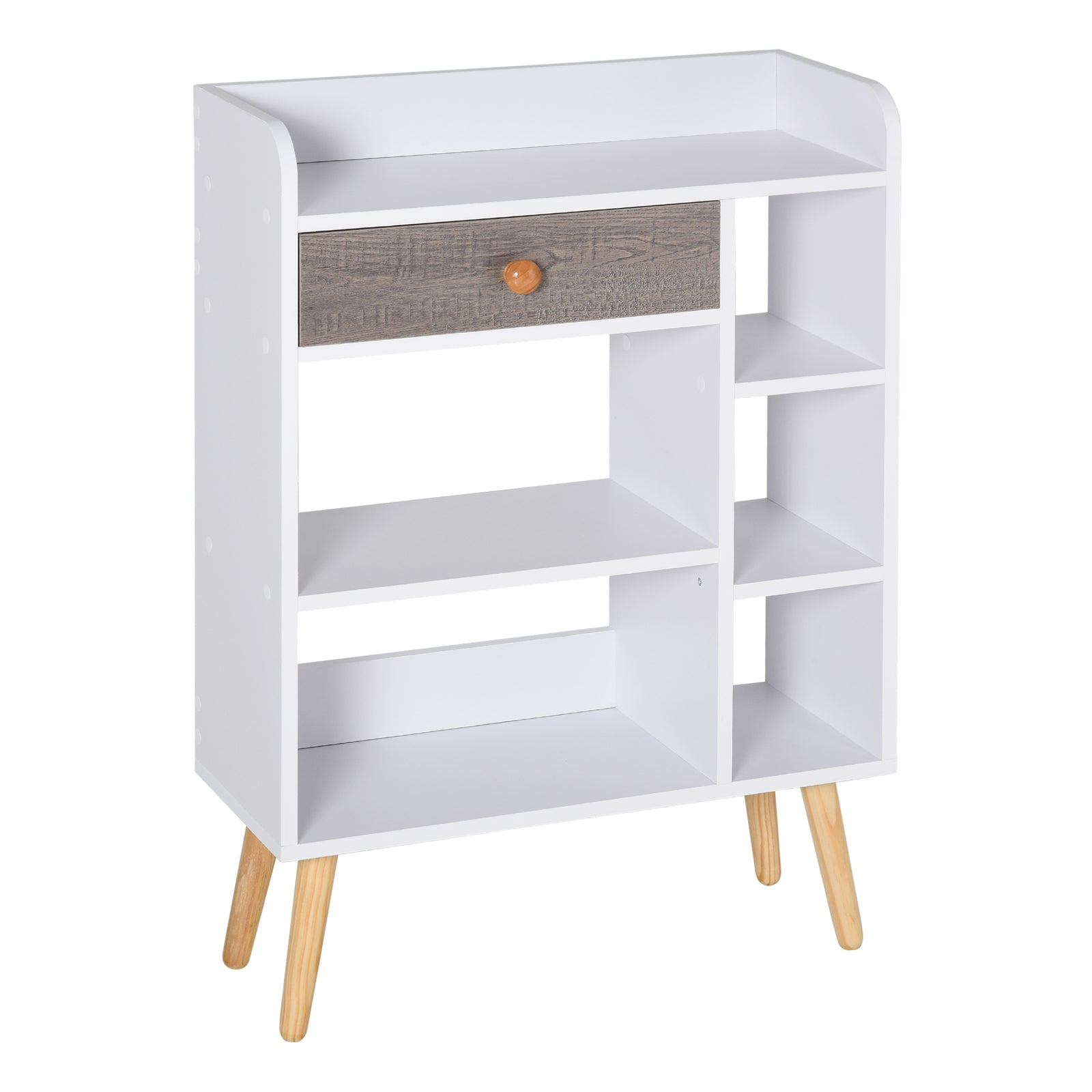 Bookcase, Freestanding Book Shelf with Storage Drawer, 6 Shelves and Wood Legs for Home Office Display, White and Grey, 24D x 60W x 86.8H cm
