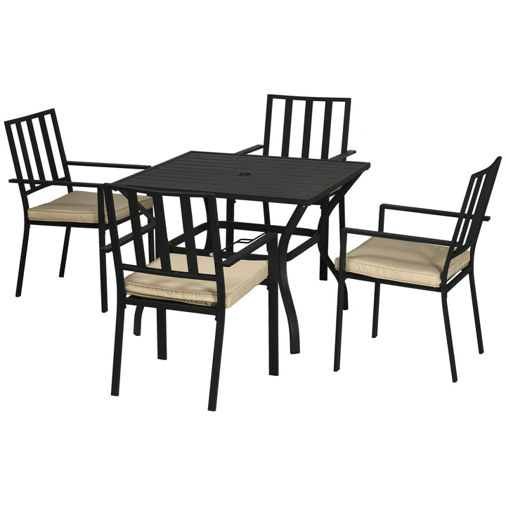 Outsunny 5-Piece Outdoor Dining Set with Cushions, Metal Table & 4 Stackable Chairs, Umbrella Hole, Black | Aosom UK