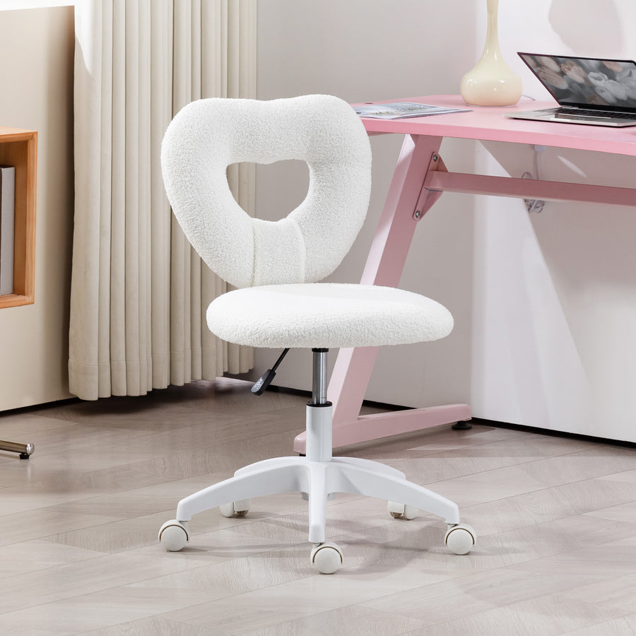 Armless Heart Computer Desk Chair, Teddy Fleece Swivel Office Chair, Makeup Vanity Chair with Height Adjustable, Wheels, for Home Study Bedroom, White