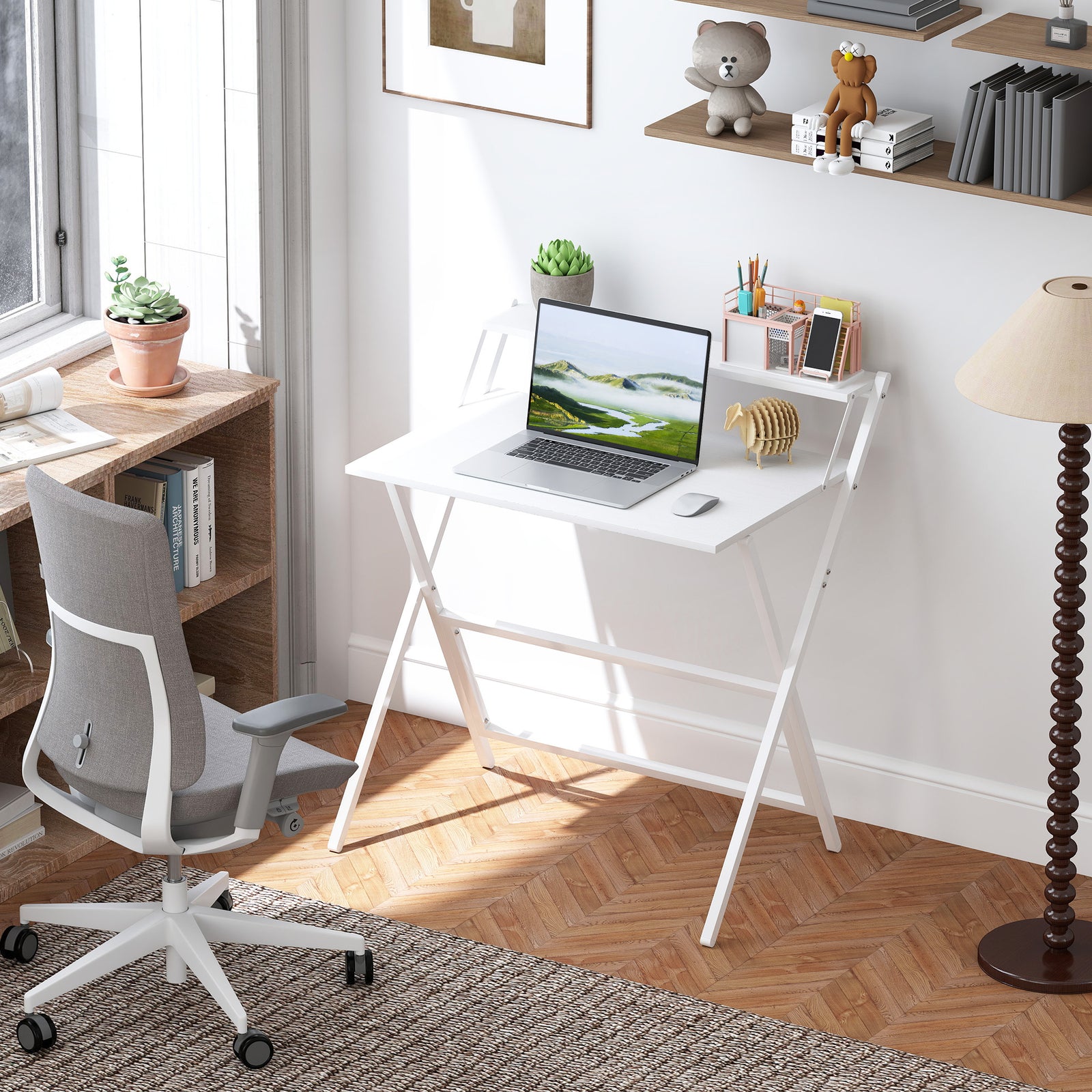 81.5 cm Folding Computer Desk with Monitor Shelf - White