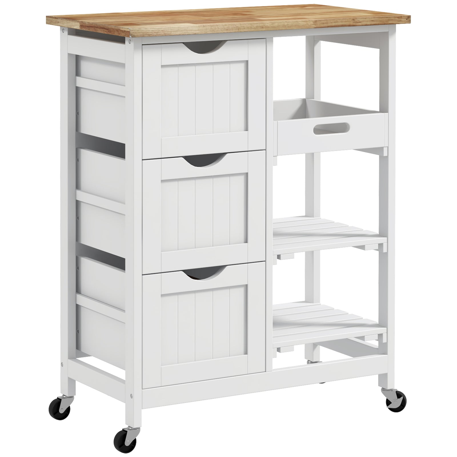 Rolling Kitchen Island Cart, Bar Serving Cart, Compact Trolley on Wheels with Wood Top, Shelves & Drawers for Home Dining Area, White