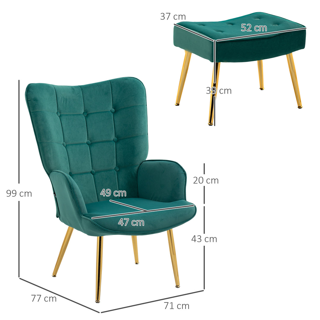 Modern Armchair with Footstool, Upholstered Accent Chair with Ottoman, Steel Legs, Velvet Wingback Chair for Living Room, Bedroom, Home Study, Dark Green