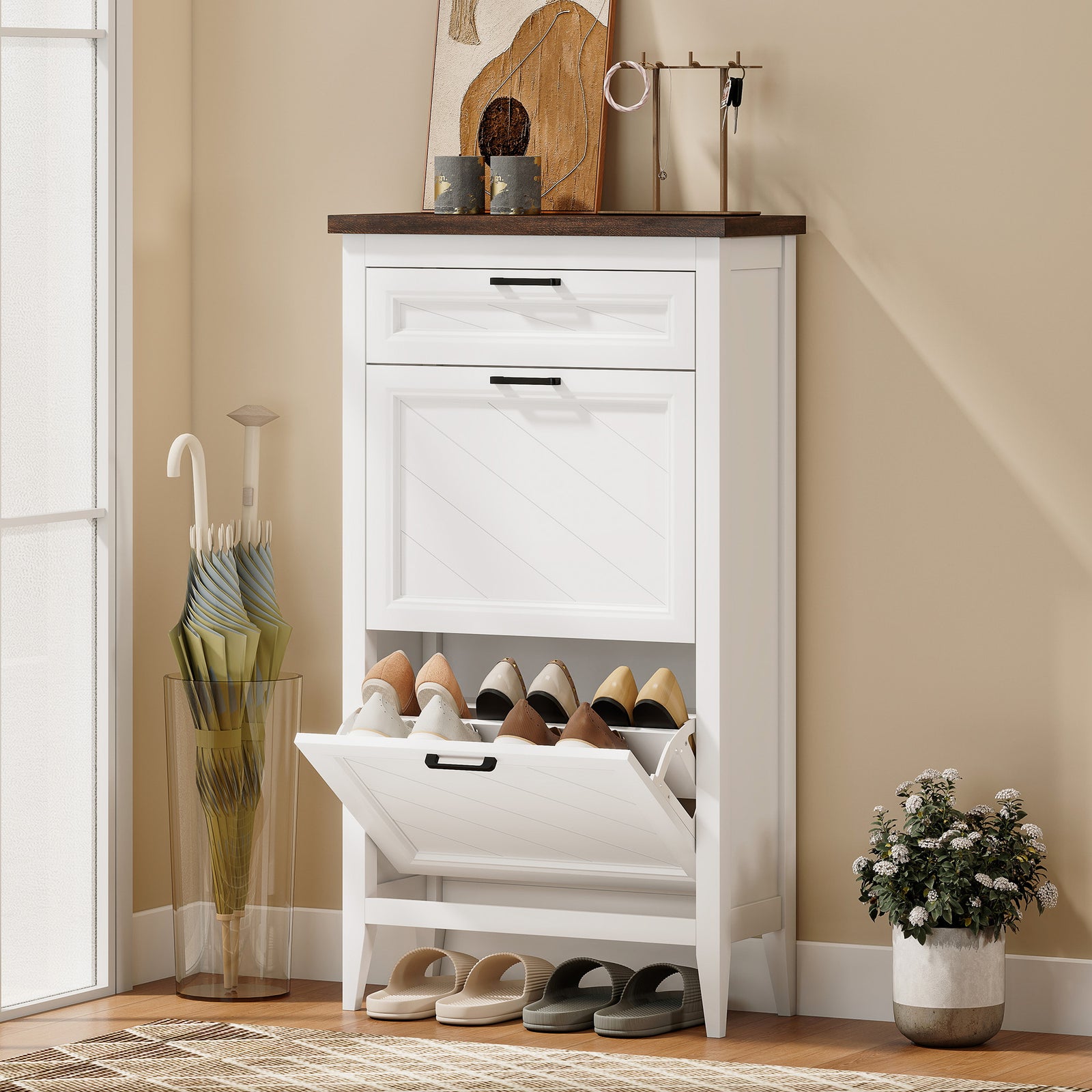 Shoe Cabinet with 2 Flip Drawers, Farmhouse Narrow Shoe Storage Cabine