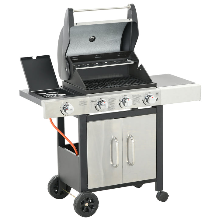 Gas Barbecue Grill 3+1 Burner Garden Smoker BBQ Trolley w/ Side Burner Warming Rack Side Shelves Storage Cabinet Piezo Ignition Thermometer Stainless Steel + Metal