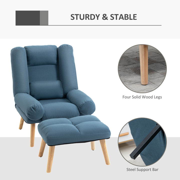 Armchair with Footstool, 180° Recliner with Ottoman, Accent Chair and Footstool with 3-Position Adjustable Backrest and Wooden Legs for Living Room, Blue