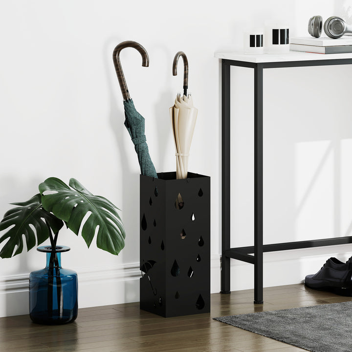 Steel Umbrella Stand, Square Umbrella Holder with 4 Hooks and Removable Drip Tray, Hollowed Umbrella Basket for Hallway, Black