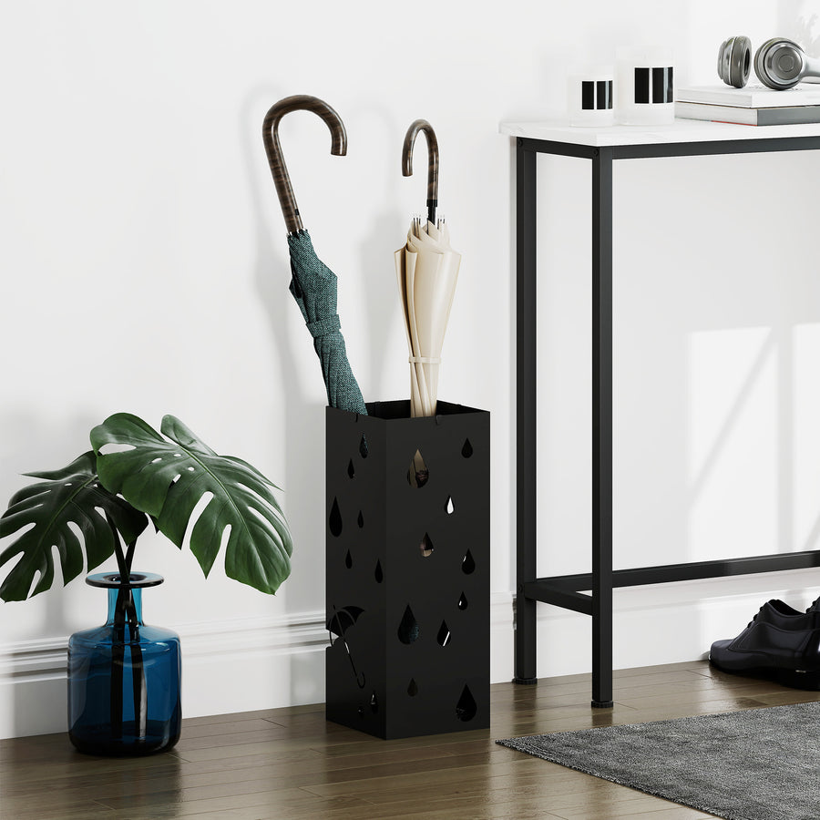 Steel Umbrella Stand, Square Umbrella Holder with 4 Hooks and Removable Drip Tray, Hollowed Umbrella Basket for Hallway, Black
