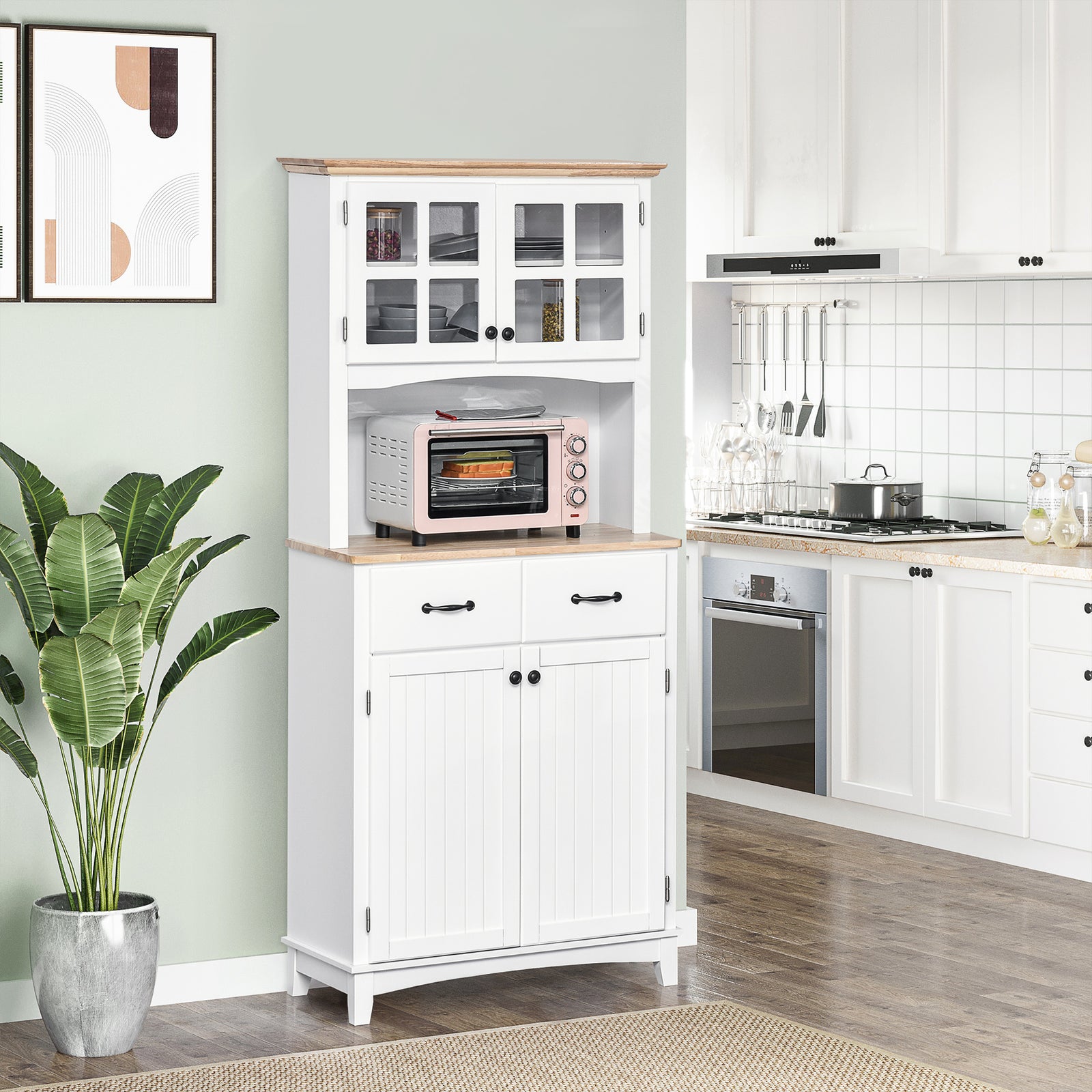 Freestanding Kitchen Cupboard, Kitchen Storage Cabinet with Framed Glass Doors, 2 Drawers, Microwave Counter, White