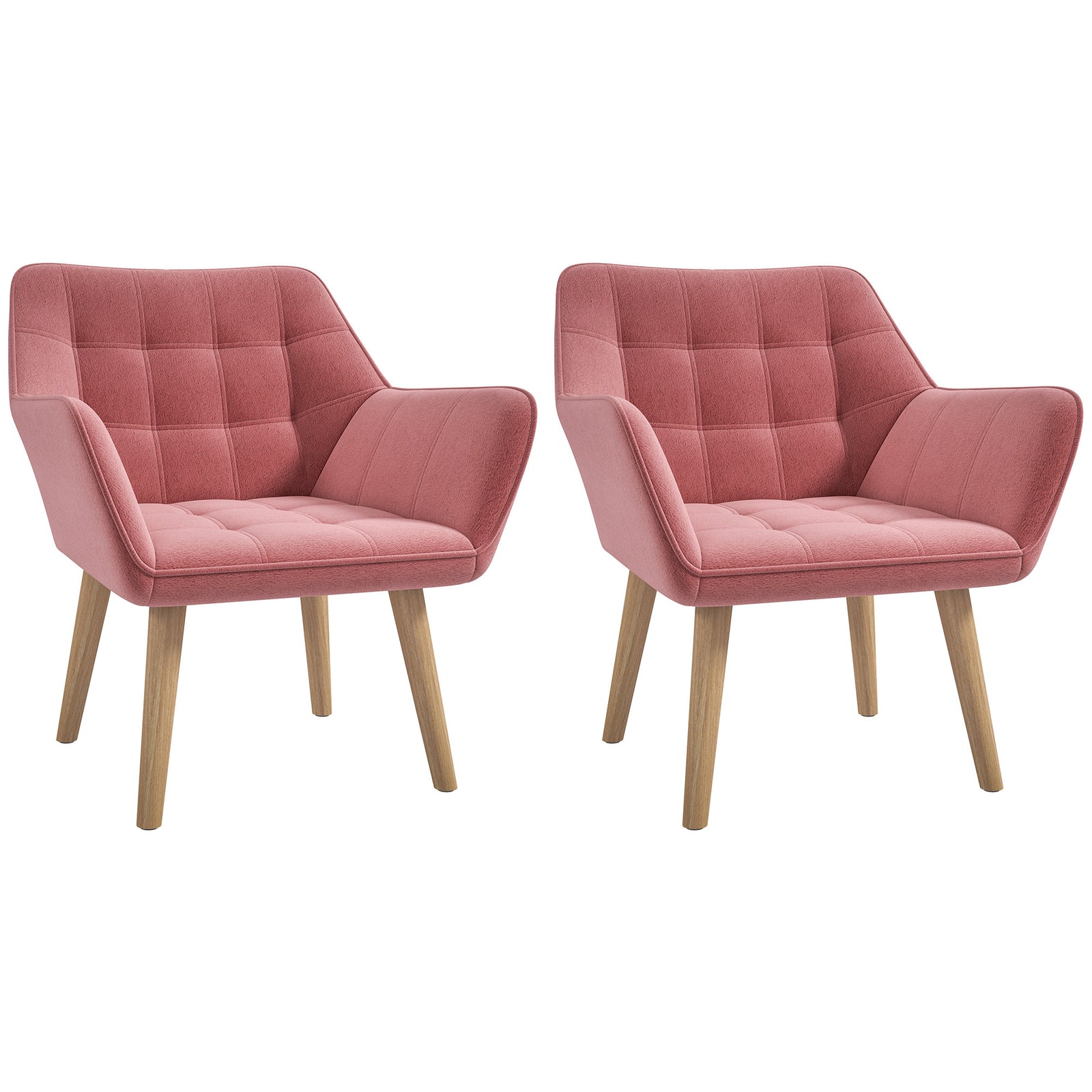 Set of 2 Accent Chair, Arm Chair with Slanted Back, Thick Padding and Rubber Wooden Legs for Living Room, Pink