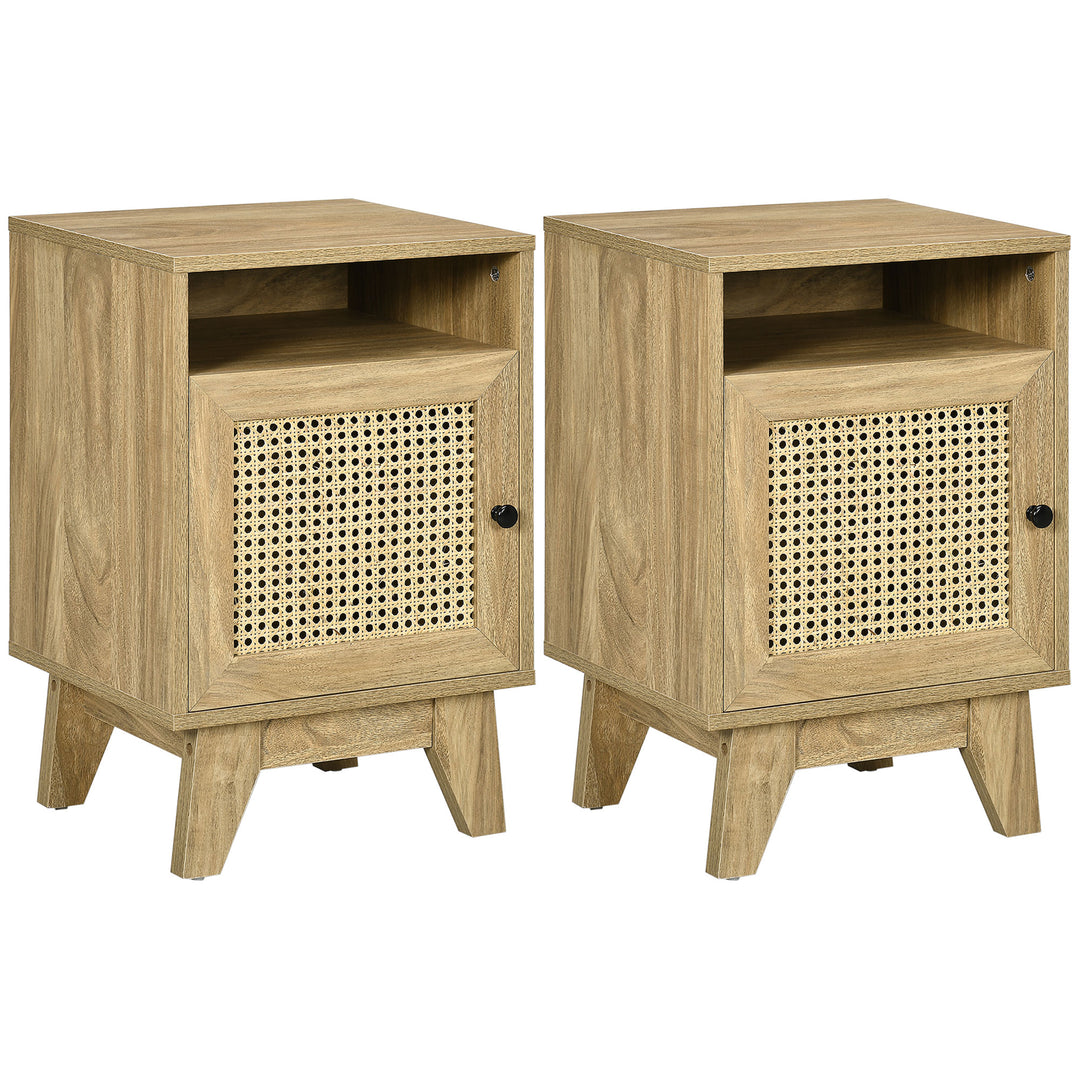 2-Piece Narrow Rattan Nightstands, Side End Table with Shelf and Cupboard, 39cm x 35cm x 60cm, Natural