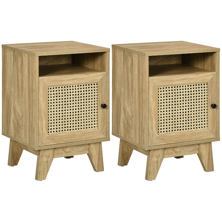 2-Piece Narrow Rattan Nightstands, Side End Table with Shelf and Cupboard, 39cm x 35cm x 60cm, Natural