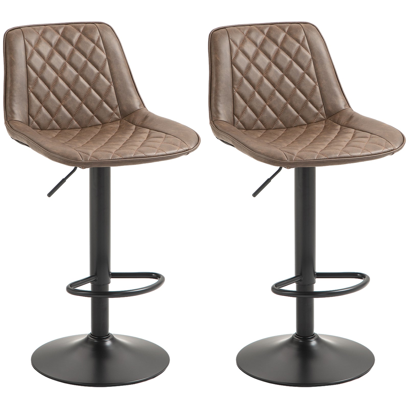Bar Stools Set of 2, Retro Adjustable Kitchen Stool, Swivel PU Leather Upholstered Bar Chairs with Back, Footrest and Steel Base, Brown