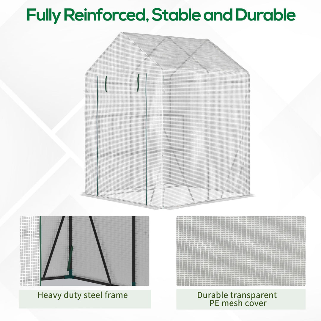 Walk In Greenhouse with 2 Tier Shelf, Portable Gardening Plant Grow House Tomato Greenhouse with Roll up Zip Panel Door, Reinforced PE Cover, 143 x 143 x 195cm, Green