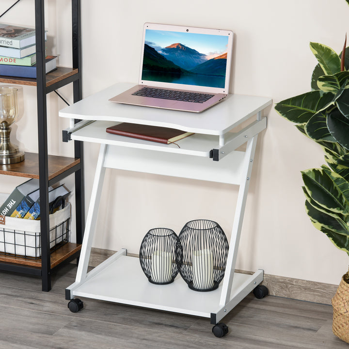 MCL Movable Computer Desk with 4 Moving Wheels Sliding Keyboard Tray Home Office Workstation White