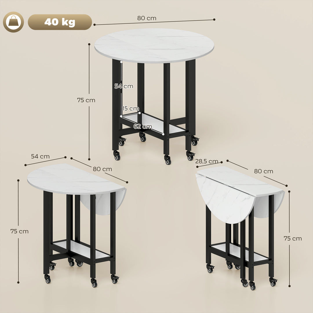 Folding Dining Table, Drop Leaf Table with Open Shelf, Rolling Kitchen