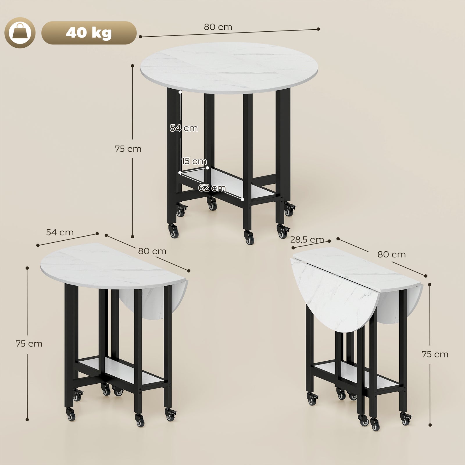 Folding Dining Table, Drop Leaf Table with Open Shelf, Rolling Kitchen