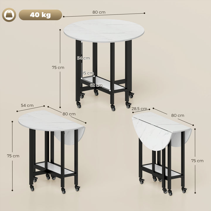 Folding Dining Table, Drop Leaf Table with Open Shelf, Rolling Kitchen
