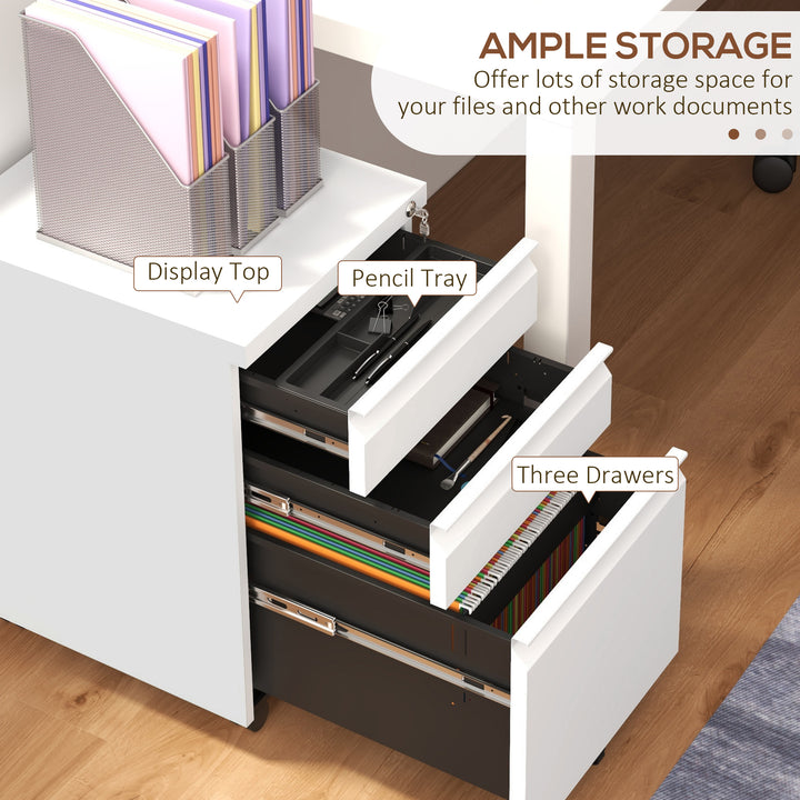 3-Drawer Filing Cabinet with Lock, Mobile Steel File Cabinet for A4, Legal and Letter Size, Under Desk Drawers with Pre-Assembled Body for Home Office, 37 x 43.5 x 60 cm, White
