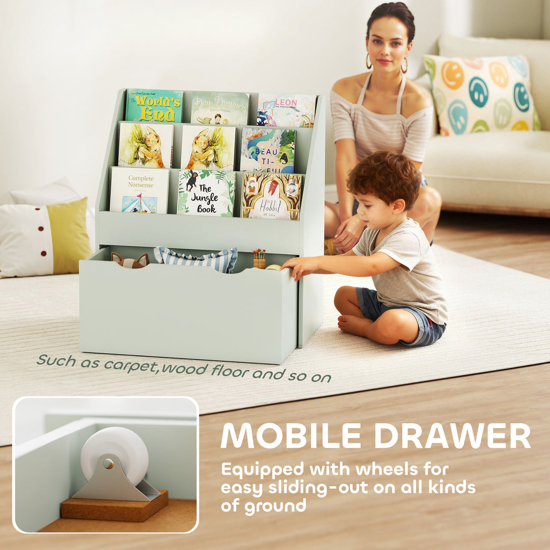 MCL Bookcase for Kids with Shelves, Drawer, Bookcase for Bedroom, Playroom, Green