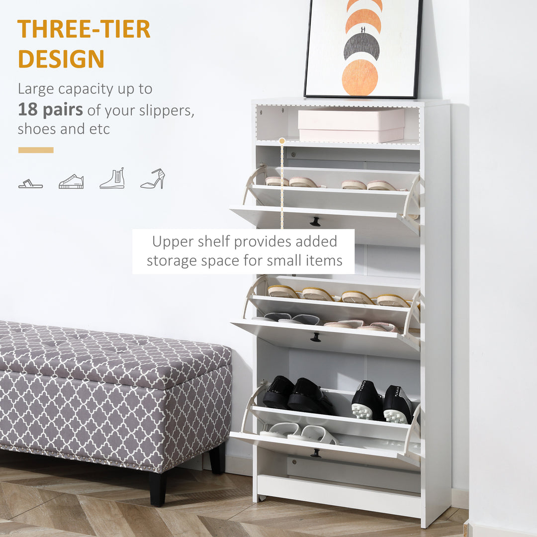 Narrow Shoe Cabinet with 3 Flip Doors, 14-18 Pairs Shoe Cupboard with Open Shelf for Slim Hallway and Entryway, 24 x 60 x 132 cm, White