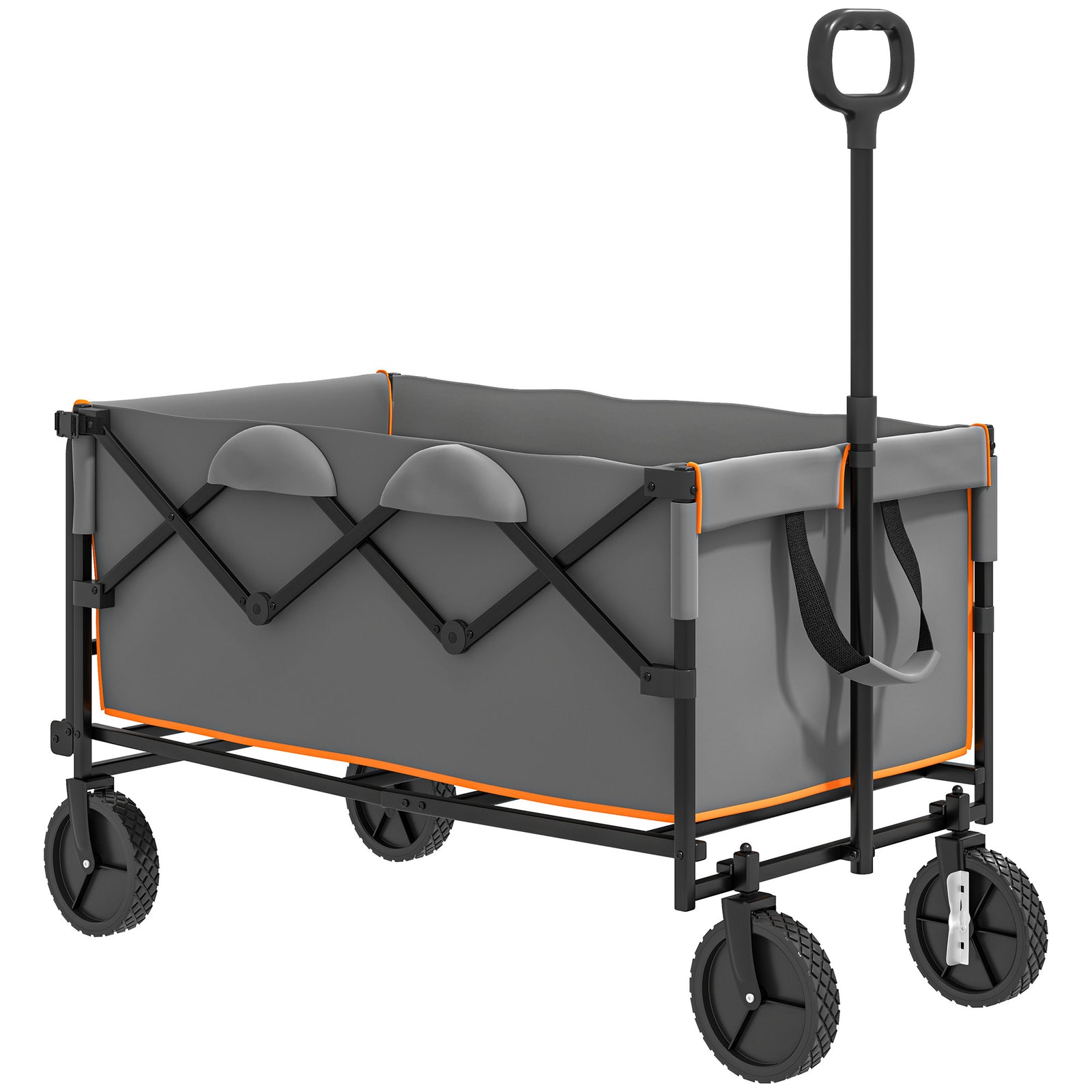 160L Festival Trolley on Wheels, Folding Camping Trolley Cart w/ Tailgate, 100kg Heavy Duty Garden Collapsible Folding Wagon w/Adjustable Handle, Carry Bag for Beach Picnic, Grey and Orange