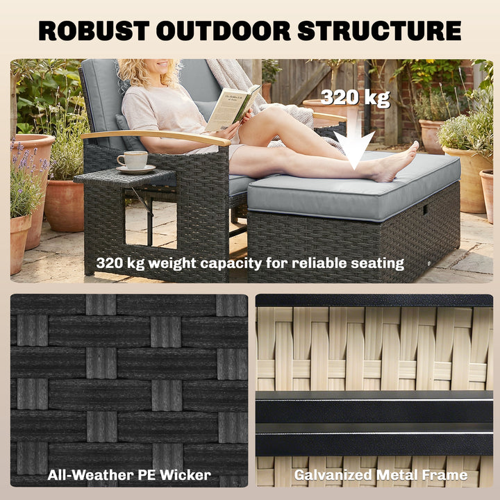 Double Garden Rattan Daybed, Wicker Sun Bed Chaise Lounger with Storag