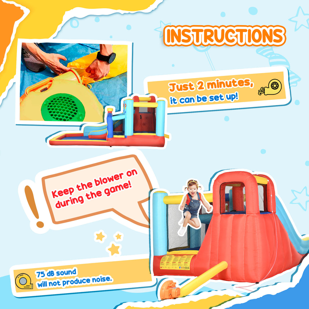 4-in-1 Bouncy Castle, with Slide, Trampoline, Climbing Wall, Blower, Multicoloured