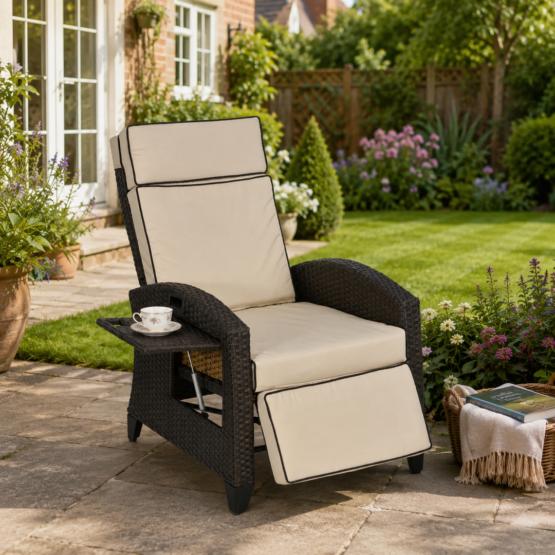 Outdoor Recliner Chair with Adjustable Backrest and Footrest, Cushion,
