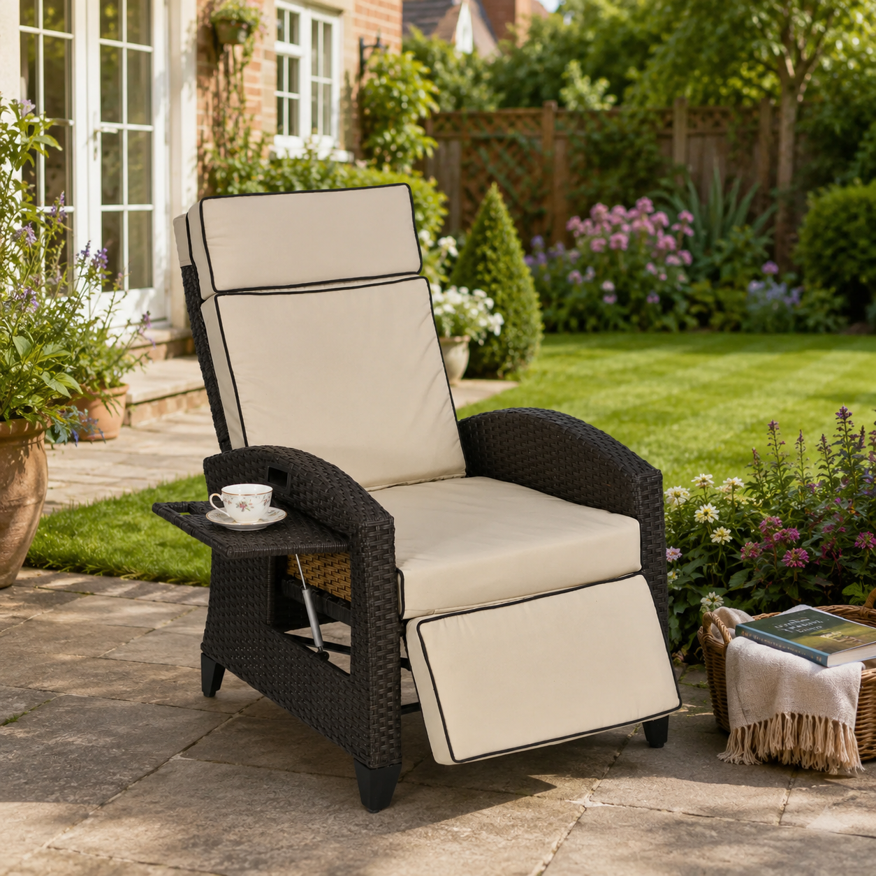 Outdoor Recliner Chair with Adjustable Backrest and Footrest, Cushion,