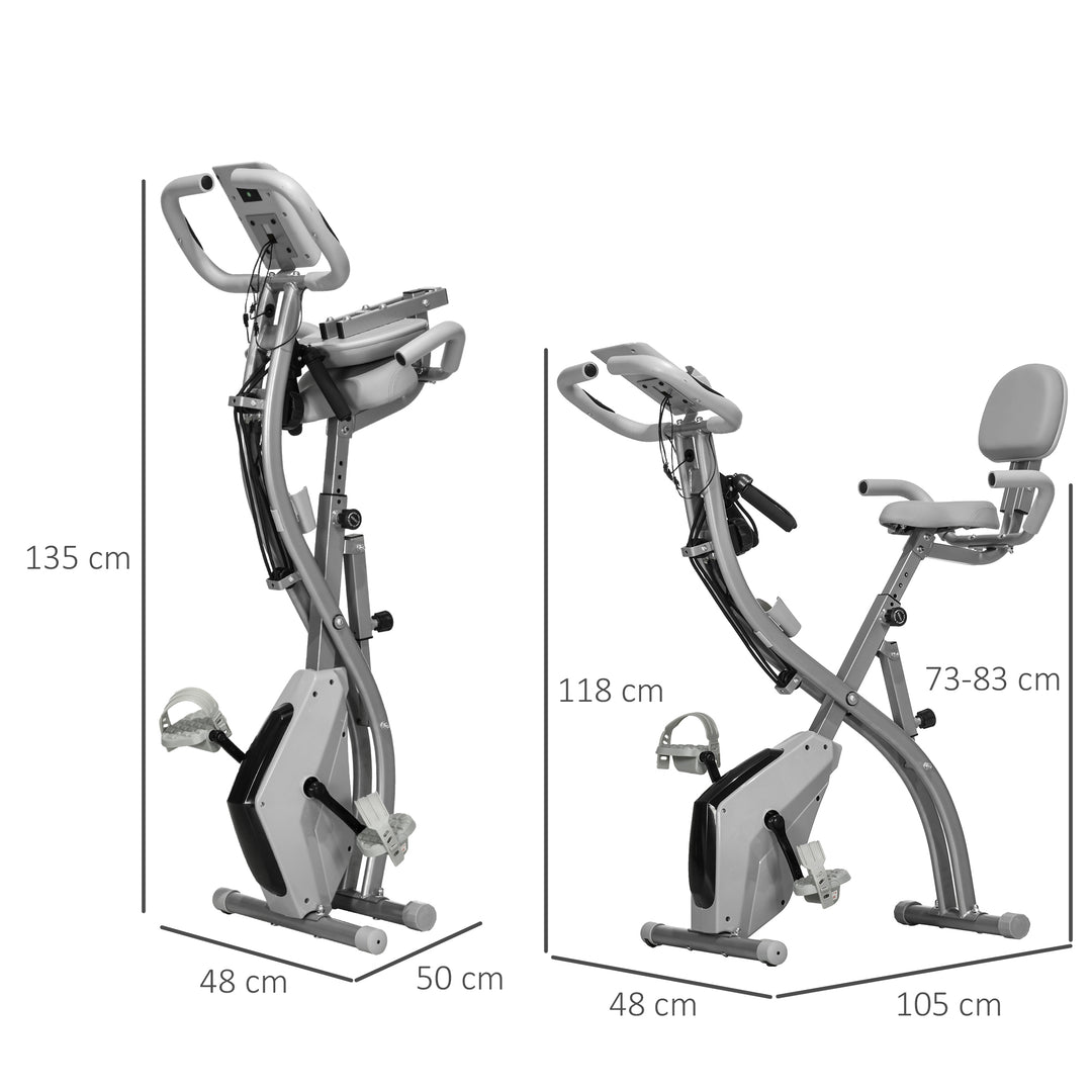 2-in-1 Folding Exercise Bike with 8-Level Magnetic Resistance, Arm Resistance Band, Pulse Sensor, Grey