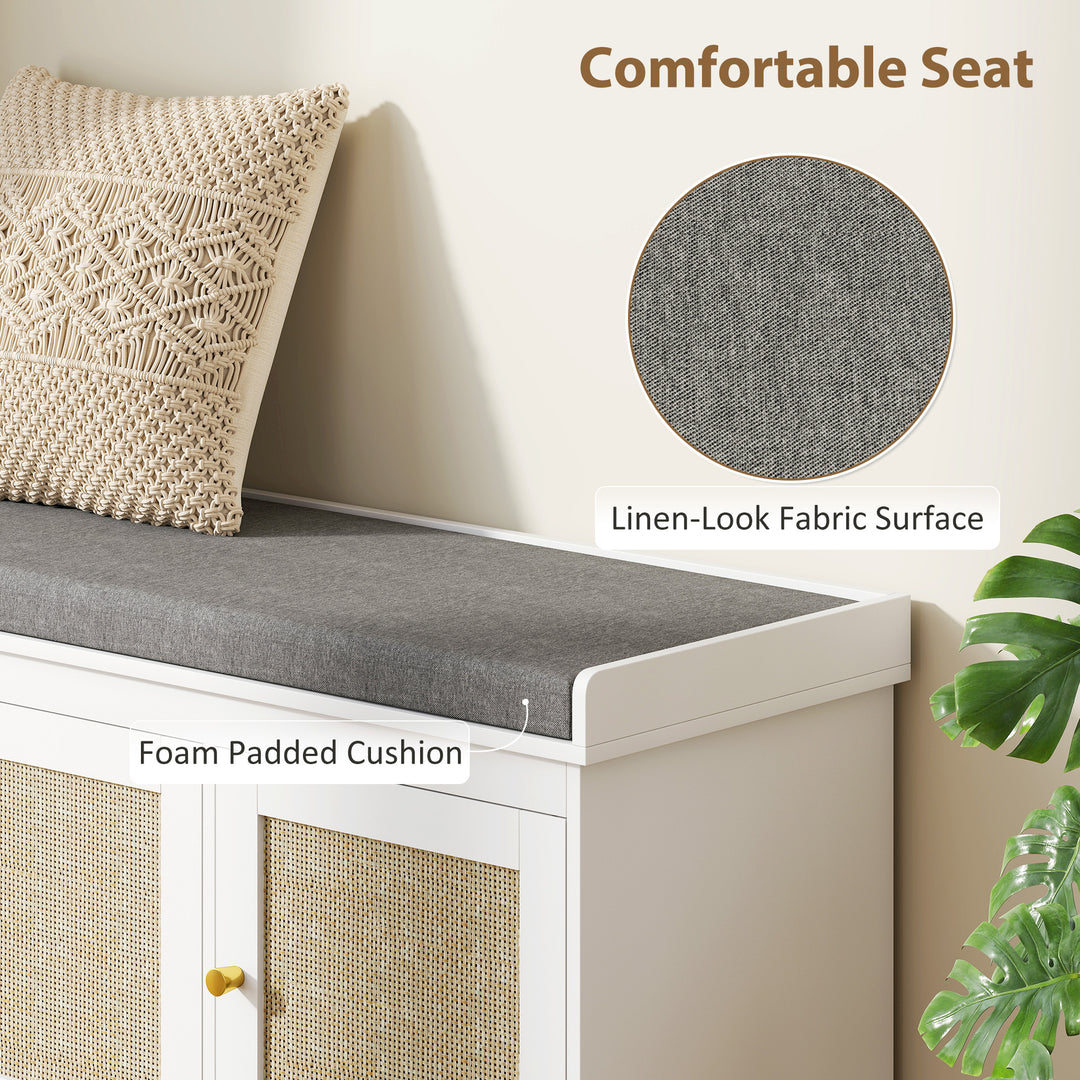 Shoe Storage Bench with Woven Rattan Doors, Seat - White