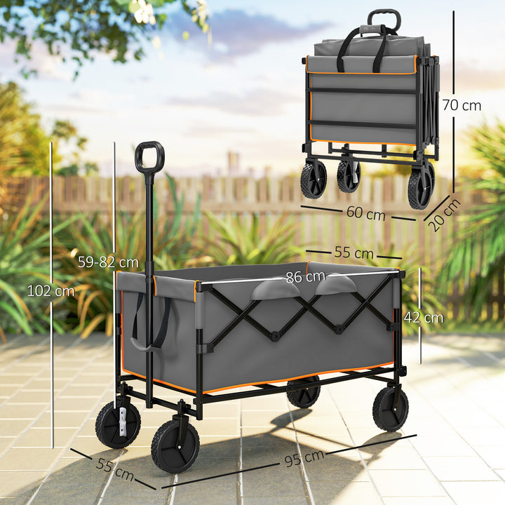 160L Festival Trolley on Wheels, Folding Camping Trolley Cart w/ Tailgate, 100kg Heavy Duty Garden Collapsible Folding Wagon w/Adjustable Handle, Carry Bag for Beach Picnic, Grey and Orange