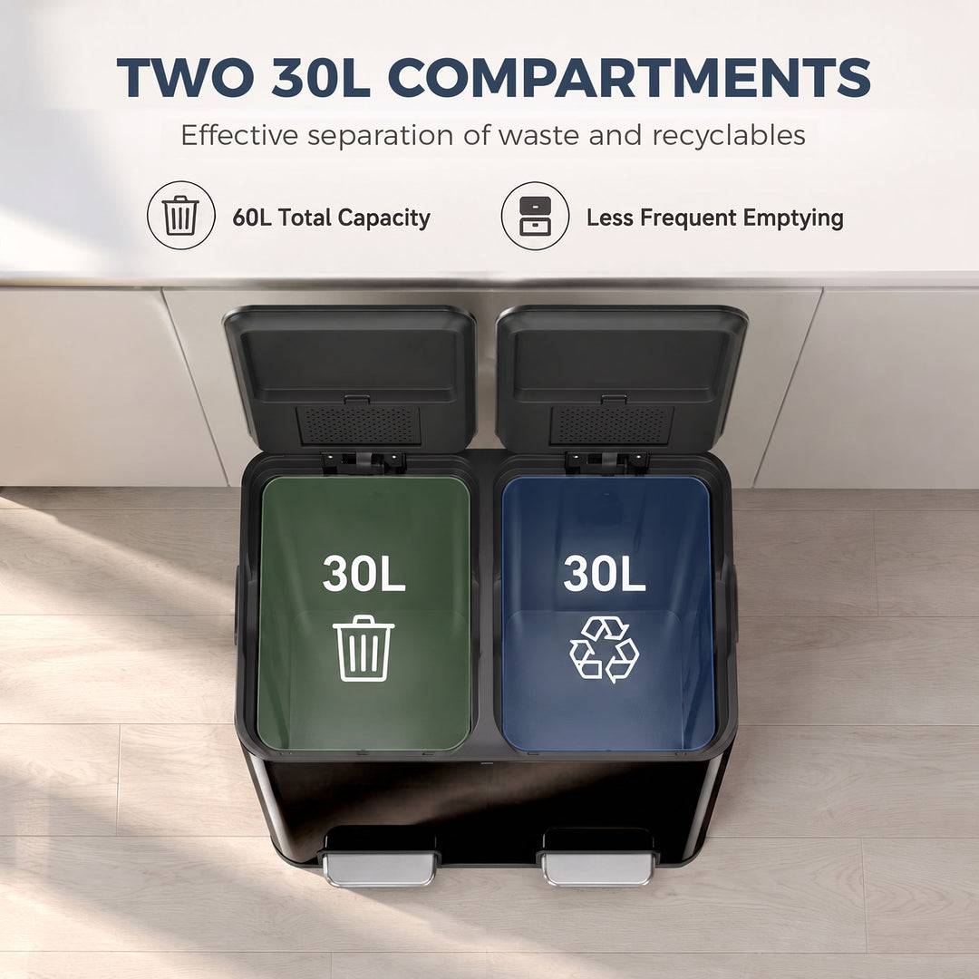 2 x 30L Double Kitchen Bin, Stainless Steel Pedal Rubbish Bin with - view 4