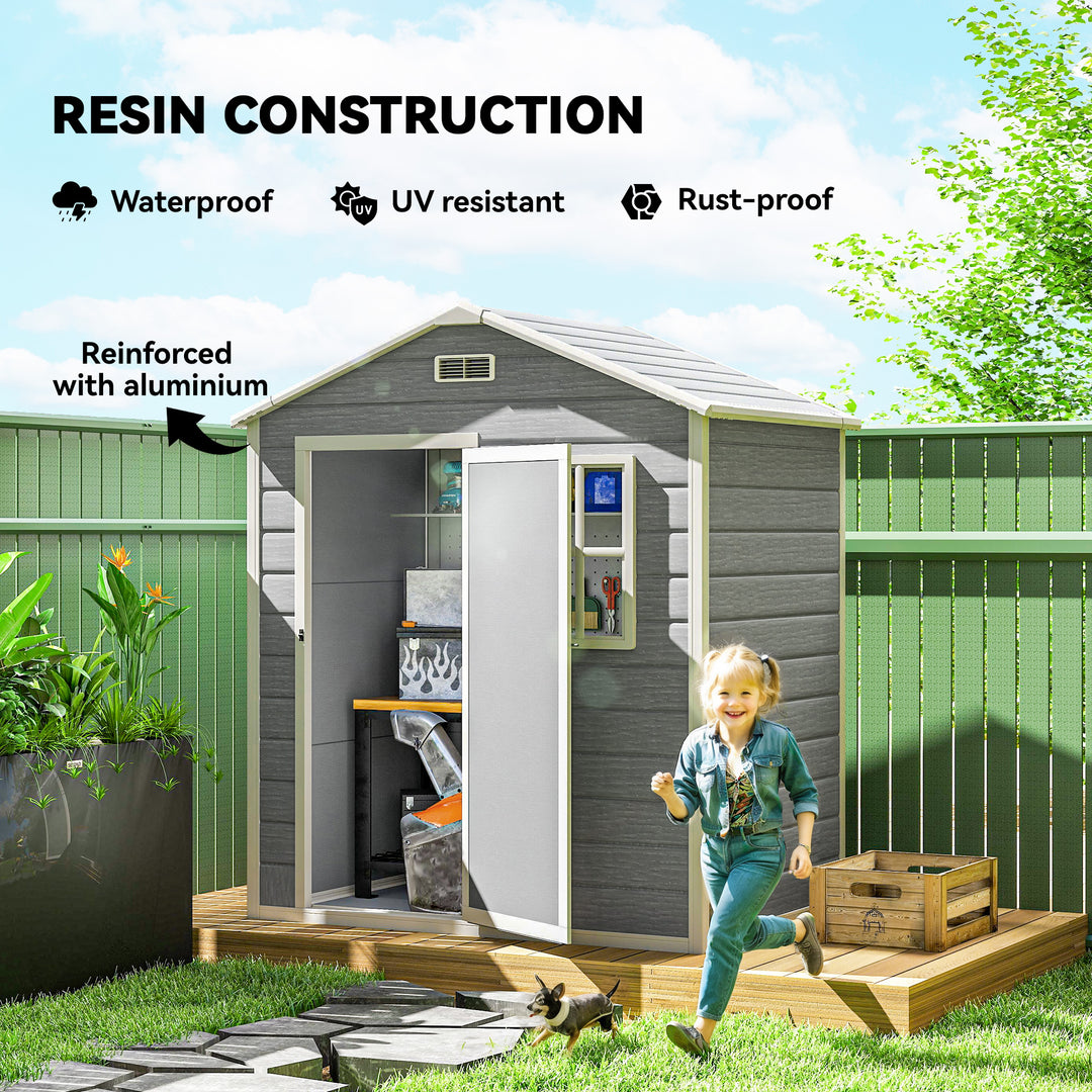 6 x 4ft Garden Shed, Plastic Shed with Floor, Window, Lockable Door and Vents, Wood Effect Resin Tool Shed for Outdoor, Grey