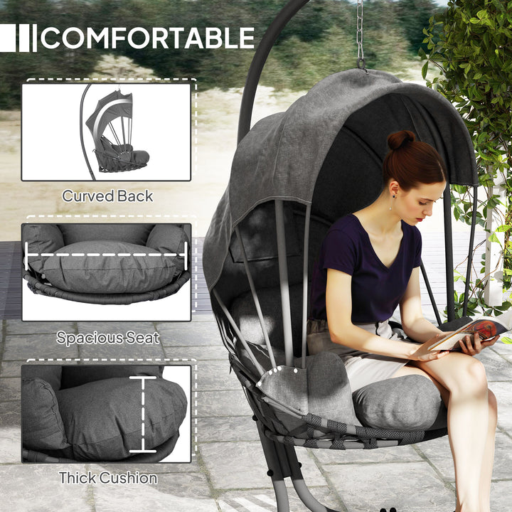 Hanging Egg Chair Swing Hammock Chair with Stand, Cushion and Retractable Canopy, for Indoor and Outdoor, Grey