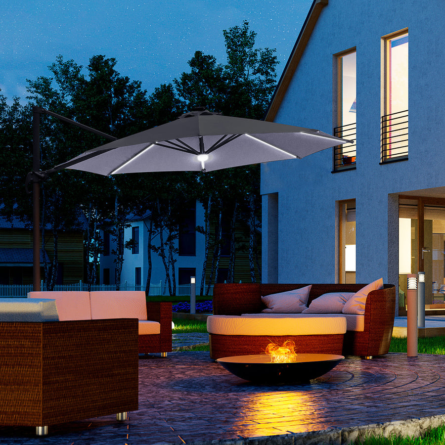 3(m) LED Cantilever Parasol Outdoor Sun Umbrella w/ Base Solar Lights Grey