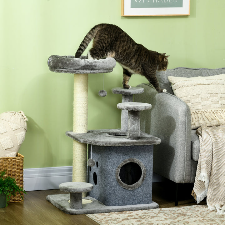 PawHut Indoor Cat Tree with Scratching Posts, Cosy House, Bed, Perches, Scratching Mat, Toy, 92cm, Grey